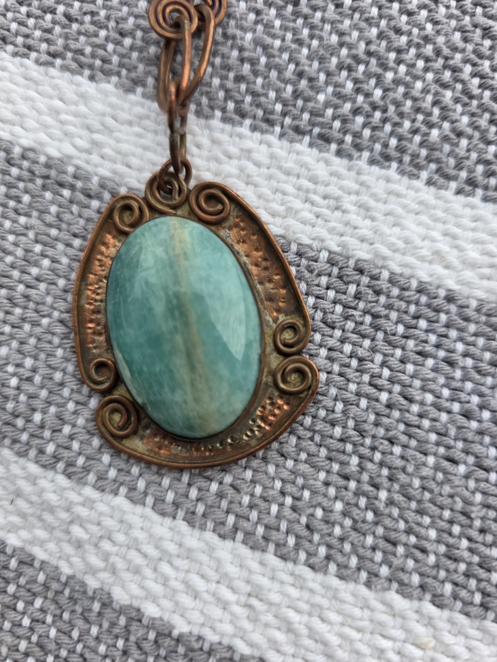 Copper Scrollwork Pendant Necklace with Teal Green Stone Handmade